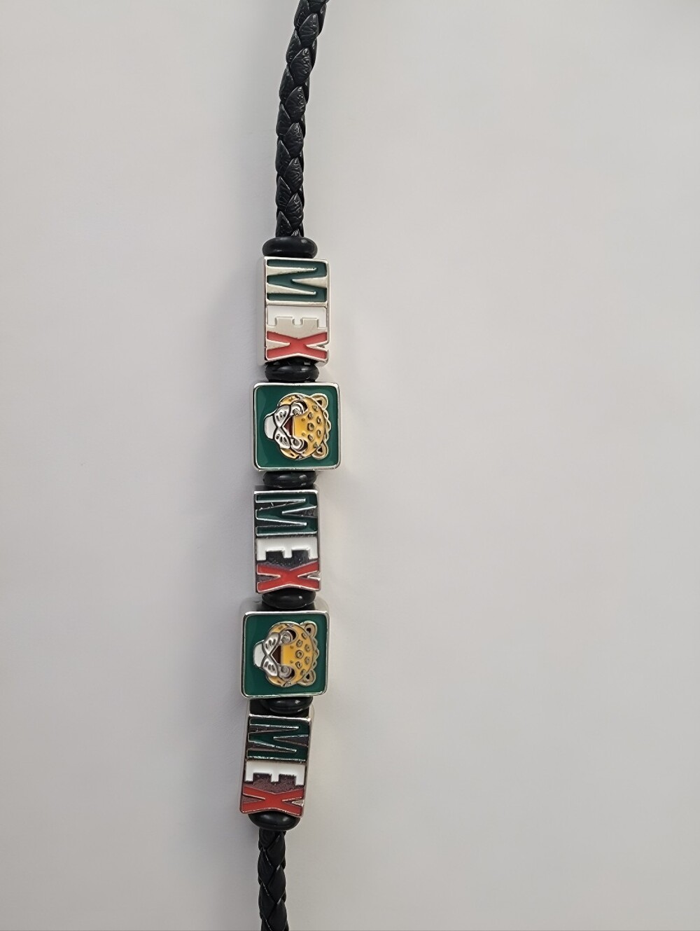 Mexico Themed Braided Leather Bracelet with Jaguar Beads